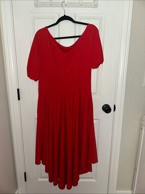 Red High-Low Women's Dress with Draped Neckline